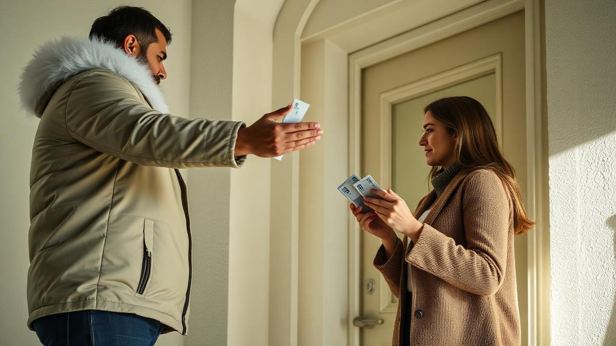 Cliente pagando a un cerrajero desconocido con desconfianza